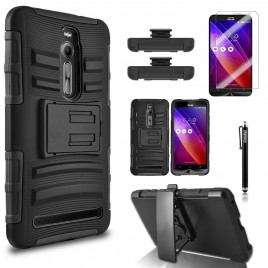 Asus Zenfone 2 Case, Dual Layers [Combo Holster] Case And Built-In Kickstand Bundled with [Premium Screen Protector] Hybrid Shockproof And Circlemalls Stylus Pen (Black)